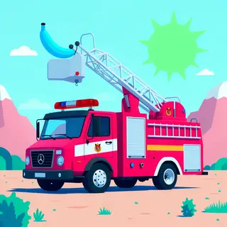 A pink fire truck, a blue banana, and a green sun in a surre