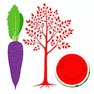 A purple carrot, a red tree with red leaves, and a white wat