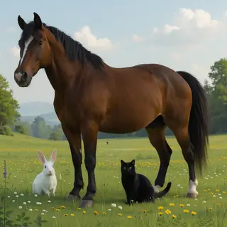 A big brown horse, a small white rabbit, and a medium-sized 