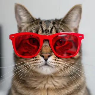 A tabby cat wearing oversized red sunglasses