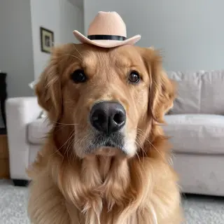 A golden retriever wearing a tiny cowboy hat