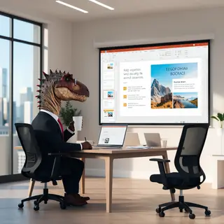 A dinosaur in a business suit giving a PowerPoint presentati