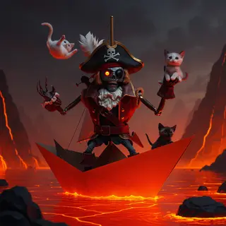 A robot dressed as a pirate sailing a paper boat on a lake o