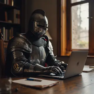 A medieval knight in full armor sitting at a desk typing on 