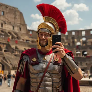 A Roman gladiator taking a selfie with a smartphone in the C