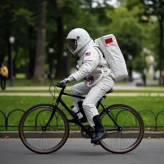 An astronaut in a spacesuit riding a bicycle through a park