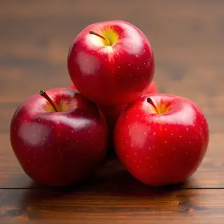 Exactly 3 red apples arranged on a wooden table