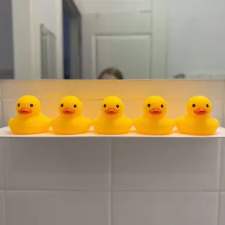 Exactly 5 yellow rubber ducks sitting in a row on a bathroom