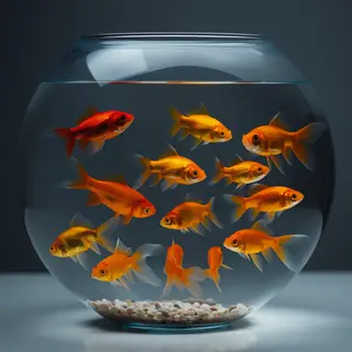 Exactly 9 goldfish swimming in a large round fishbowl