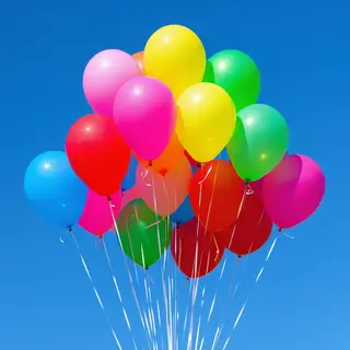 Exactly 11 colorful balloons floating against a clear blue s