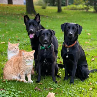 2 orange cats and 3 black dogs sitting together on a grassy 