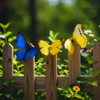 1 blue butterfly and 3 yellow butterflies resting on a garde