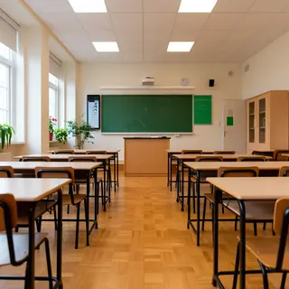 A classroom with desks and a chalkboard but no students