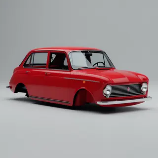 A car body with windows, doors, and headlights but no wheels