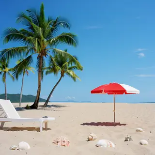 A sandy beach with palm trees, seashells, and a beach umbrel