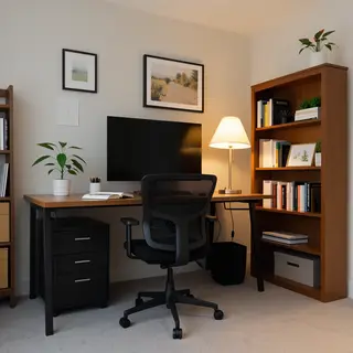 An office workspace with a desk, chair, bookshelf, and lamp 