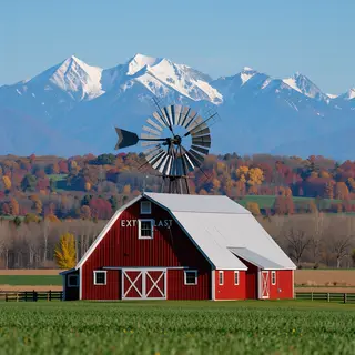 A landscape with a red barn in the foreground at large scale