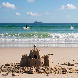 A beach scene with a sandcastle in the foreground, a surfer 
