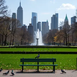 A city park with a park bench and pigeons in the foreground,