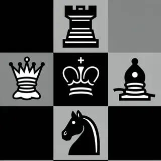 Five chess pieces on a board: a king in the center, a queen 