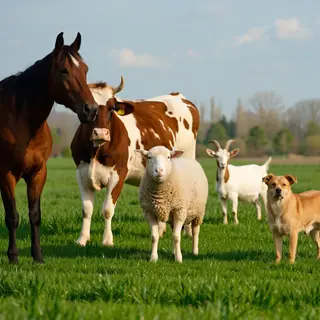 Five animals in a field: a horse on the far left, a cow to t