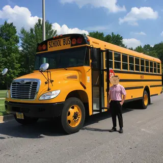 A person standing next to a yellow school bus, showing reali