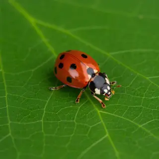 A ladybug sitting on a large green leaf, shown at realistic 