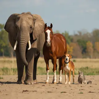 A group photo of an elephant, a horse, a dog, a cat, and a m