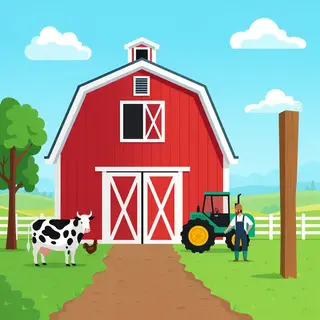 A farm scene with a barn, tractor, farmer, cow, chicken, and