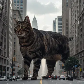A giant tabby cat walking between city skyscrapers like a ka