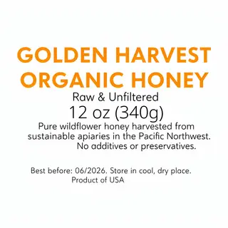 A product label for 'GOLDEN HARVEST ORGANIC HONEY' with subt