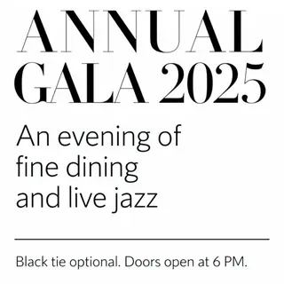 An event banner with headline 'ANNUAL GALA 2025' at the top 