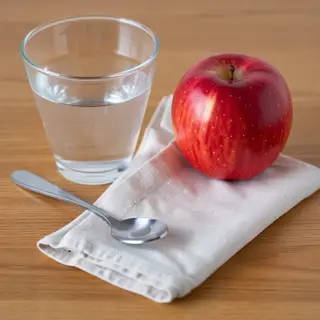 A still life on a wooden table featuring a clear glass of wa
