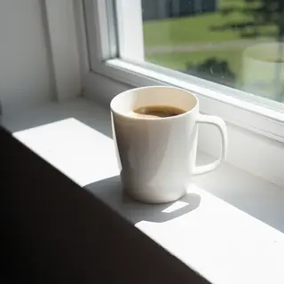 A coffee mug on a sunny windowsill casting a sharp shadow to