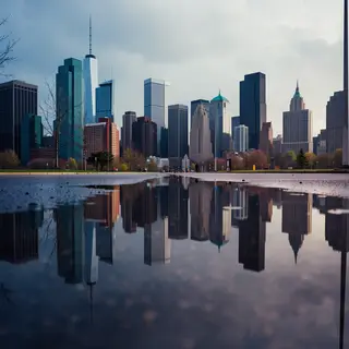 A city skyline reflected in a rain puddle on a street, with 