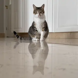 A cat sitting on a polished marble floor with its reflection