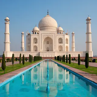 The Taj Mahal in Agra seen from the reflecting pool, with ac
