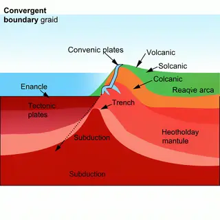 A cross-section showing tectonic plates at a convergent boun