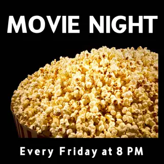 A movie night poster with a large popcorn image in the cente