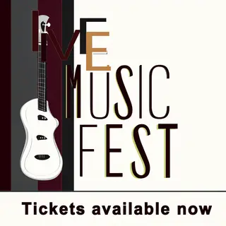 An event poster featuring a guitar illustration, the headlin