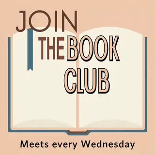 A book club poster with an open book illustration, the title