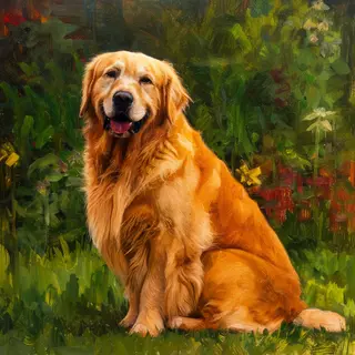 A golden retriever sitting in a garden, painted in the style