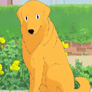 A golden retriever sitting in a garden, rendered in Japanese