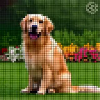 A golden retriever sitting in a garden, rendered in pixel ar