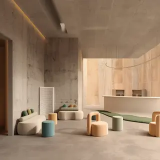 An interior scene rendered in soft brutalism — raw concrete 