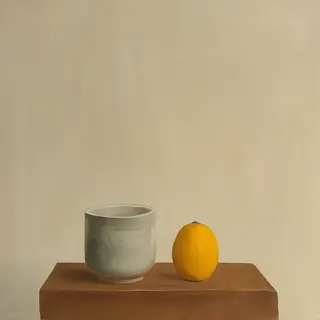 A still life painted in anxious minimalism — sparse composit