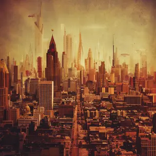 A cityscape rendered in nostalgic futurism — retro-futuristi