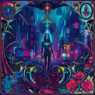 A woman in a futuristic city rendered in cyberpunk Art Nouve