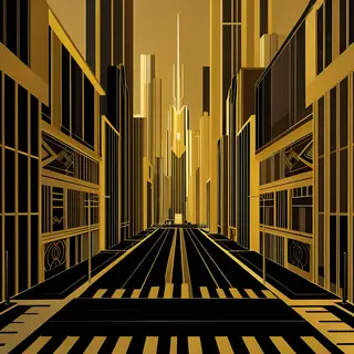A city street scene in the style of Art Deco — geometric sha