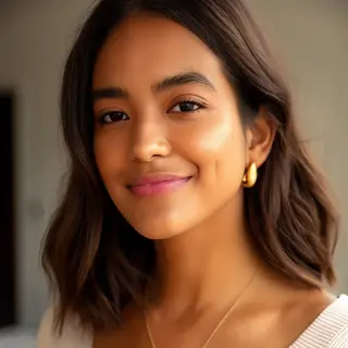 A close-up portrait of a young woman with a warm natural smi